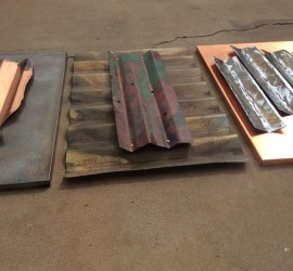 Corrugated Triptych // Vertical abstract art // cp[[er + steel by Mike Dumas Copper Designs.