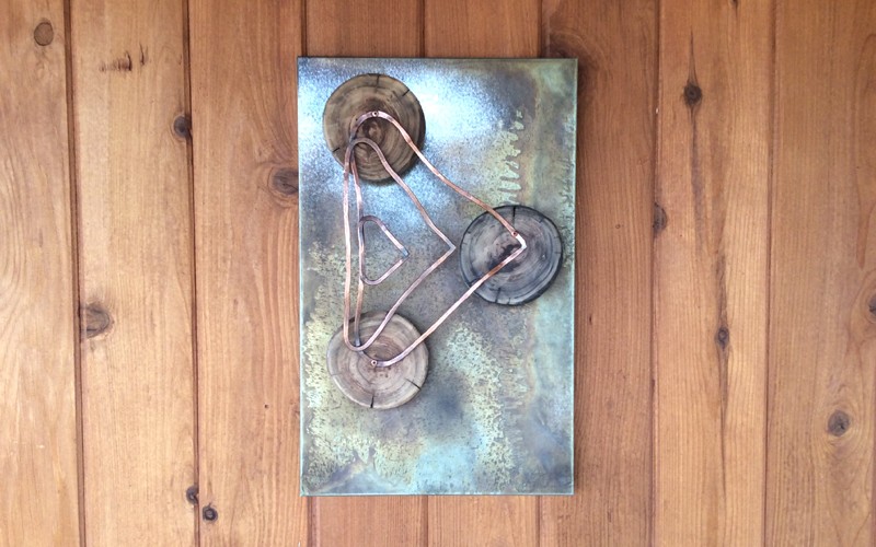 Metal art // mixed media wall art // steel + copper + wood wall sculpture by Mike Dumas Copper Designs.