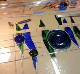 Stained Glass // rondels // blue + green glass window by Mike Dumas Copper Designs.