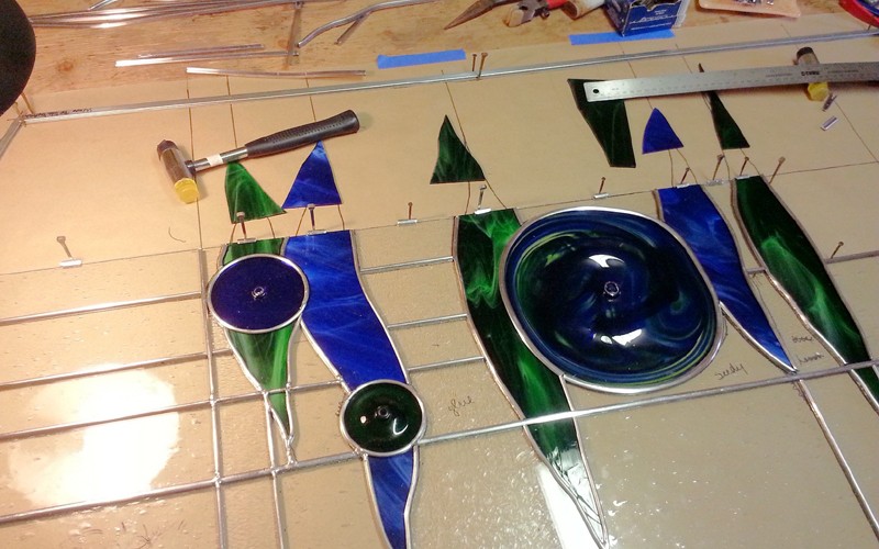 Stained Glass // rondels // blue + green glass window by Mike Dumas Copper Designs.