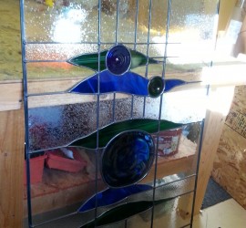 Stained Glass // window // door panel // blue glass + green glass // rondels by Mike Dumas Copper Designs.